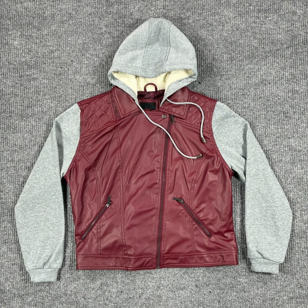 Yoki Womens Moto Jacket Plus Size 1X Faux Leather Burgundy Gray Hooded Zip Up